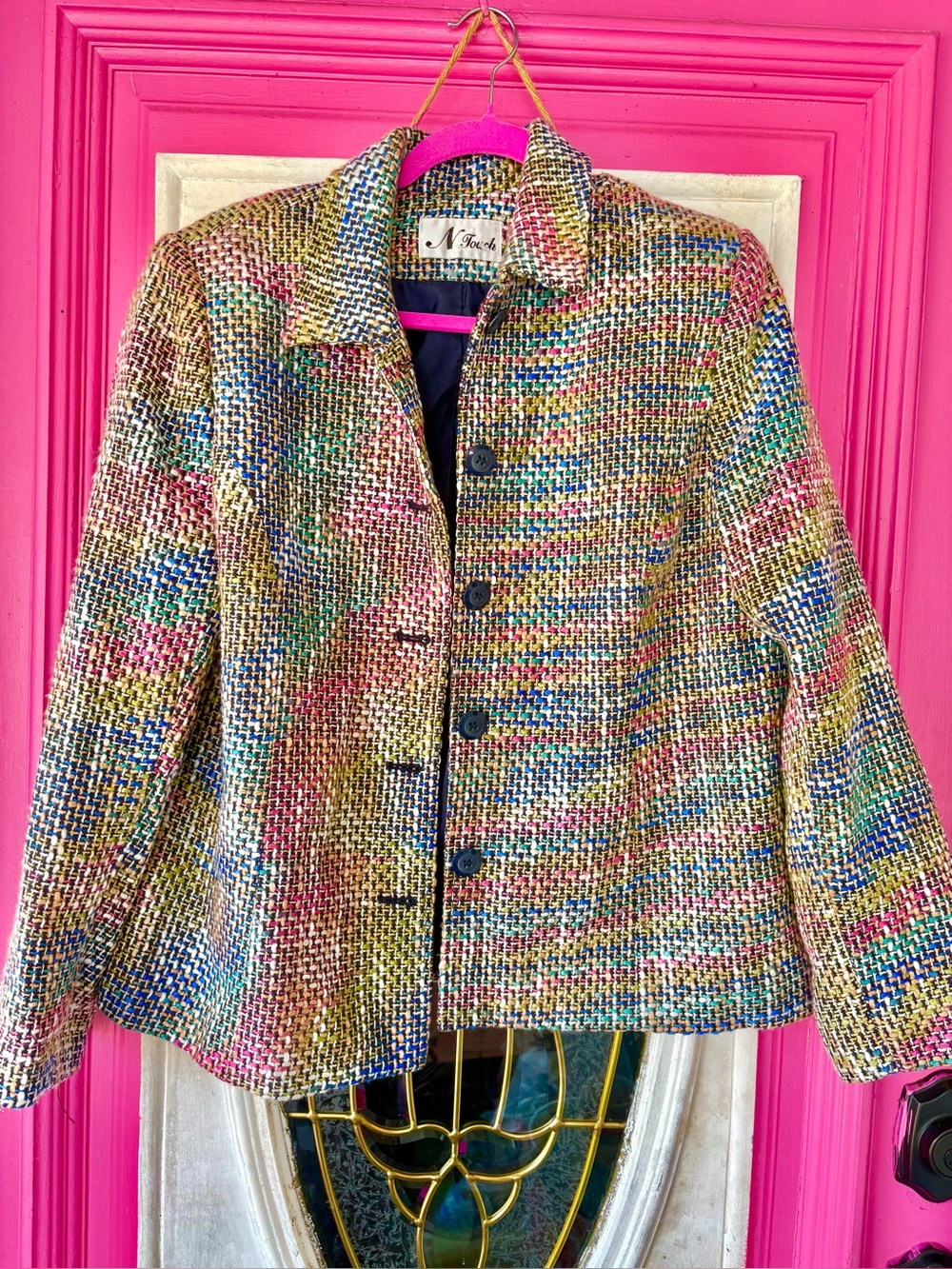 N Touch Multicolor Tweed Blazer with Pink Trim